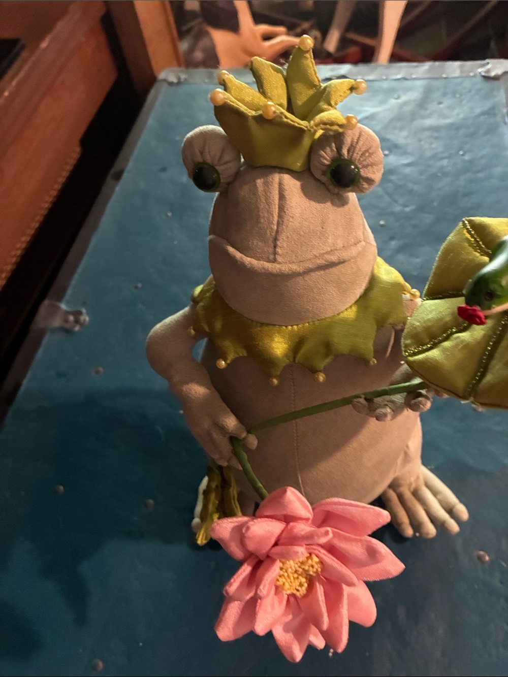Frog Prince Reptile Stuffed Decor in Green with Pink Lily - Picture 2 of 14